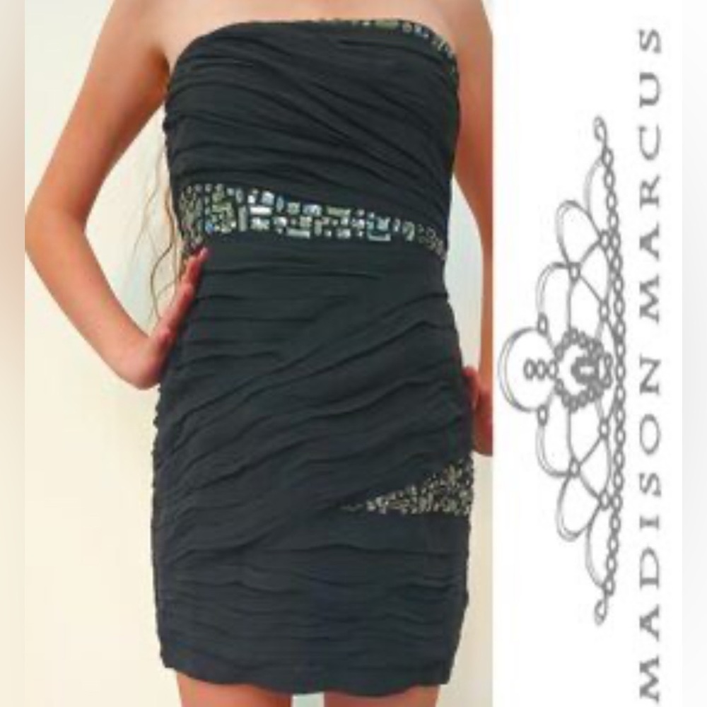 Madison Marcus Silk Strapless Beaded Crystal tiered Black Dress NWT L